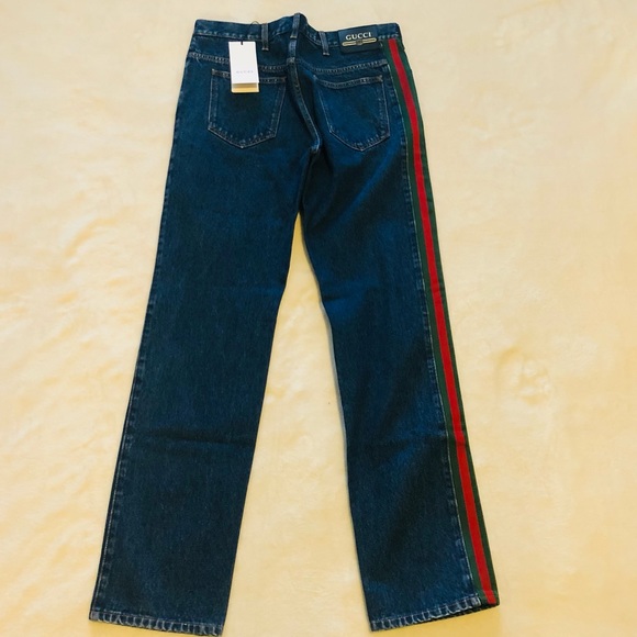 🇮🇹New Gucci Green Red Side Stripe Straight Leg Blue Jeans🇮🇹 - Picture 4 of 16